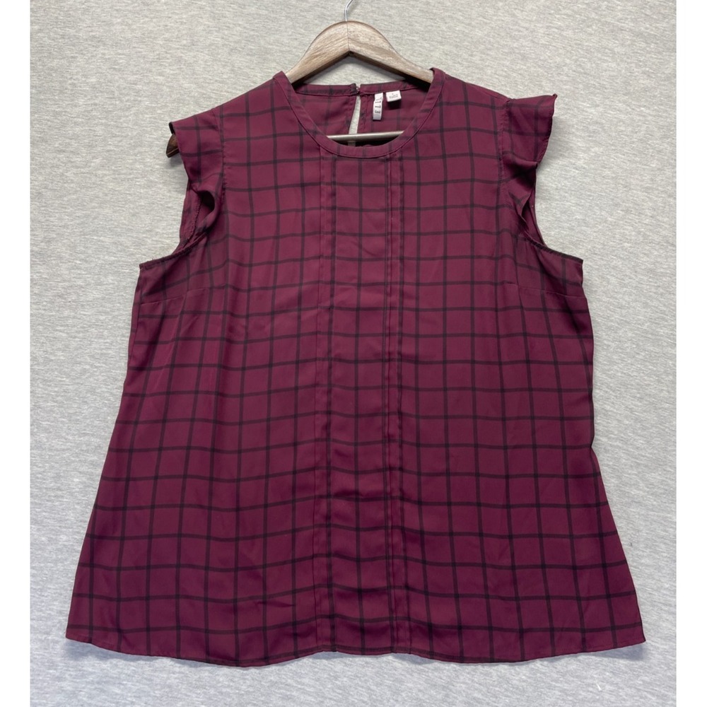 Elle Blouse Top Womens Large Maroon Black Windowpane Flutter Sleeve Keyhole Back